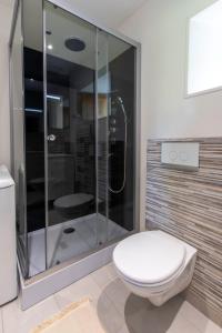a bathroom with a toilet and a glass shower at le Guimapé in Assay +20 photos