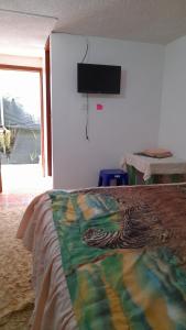 ein Schlafzimmer mit einem Bett und einem TV an der Wand in der Unterkunft Hospedaje el Motilon in Quito
