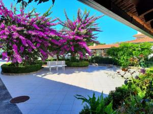 un banco blanco sentado bajo dos árboles con flores púrpuras en QM - Quinta da Morgadinha - Casa em Quinta Rural, en Cabeços