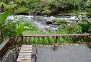 eine Holzbrücke neben einem Fluss mit einem Bach in der Unterkunft Cabañita El Congolo- in Pereira