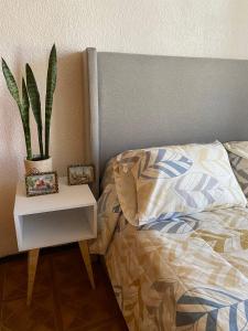 una cama con una mesa lateral con una planta en Casa Yolcatl, en Ciudad de México