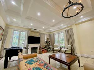 a living room with a christmas tree and a fireplace at Biệt Thự Con Công Sóc Sơn Venuestay in Phú Hữu