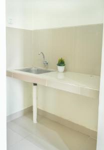 uma cozinha branca com um lavatório e um vaso de plantas em Gumitish Guest House Singaraja em Singaraja