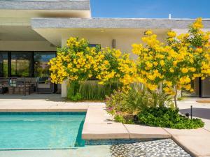 een huis met gele bloemen en een zwembad bij Casa Azul in Palm Springs