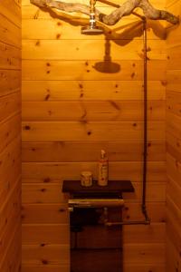 a bathroom in a log cabin with a wooden wall at A la source de Lavis in Houyet