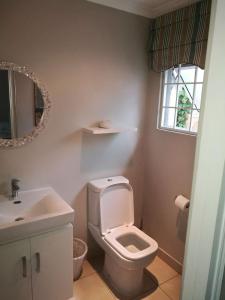 a bathroom with a toilet and a sink and a mirror at 8A Oyster Crescent in Durban