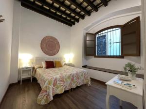 sypialnia z łóżkiem i oknem w obiekcie Apartamentos Turísticos Mamelón w mieście Jerez de la Frontera