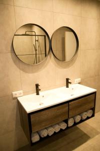 baño con 2 espejos y lavamanos en Landzicht 05, en Ter Apel