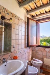a bathroom with a tub and a toilet and a window at Villa Mafaradda a pochi passi dal Mare in Custonaci