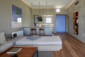 My Santorini Villa, Pyrgos Luxury في بيرغوس: غرفة معيشة مع سرير ومطبخ
