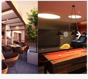 two pictures of a bar with a pool table at Plaza Egaña sky in Santiago
