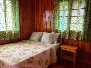 a bed in a room with wooden walls and windows at Dagdag Village Homestay - Sagada in Sagada