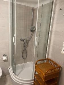 a bathroom with a shower and a toilet at Villa Admiral in Gdynia