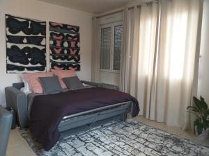 1 dormitorio con cama y ventana en Apppartement 2 pièces centre-ville en Chauffailles