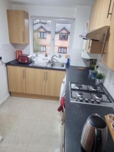 a kitchen with a sink and a stove and a window at Mornington Place in London