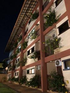 un bâtiment avec des plantes en pot sur son côté dans l'établissement Hotel das Palmeiras, à Paracatu
