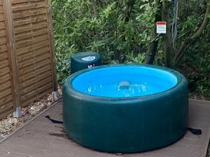 a large blue hot tub in a garden with two trash cans at Studio calme proche Paris avec terrasse privative et jacuzzi en option in Palaiseau