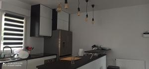eine Küche mit einer schwarzen Arbeitsplatte und einem Waschbecken in der Unterkunft Maison proche centre ville in Biard