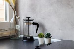 un frullatore seduto su un bancone con alcune piante di Downtown Lisbon Palma Suites by Hosty a Lisbona