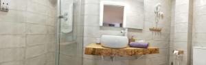 a bathroom with a shower with a sink and a mirror at Dudi's Peppers in Málaga