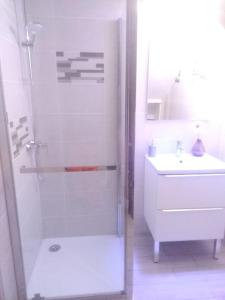 een badkamer met een douche en een wastafel bij Le Gîte de Ambre in Grand
