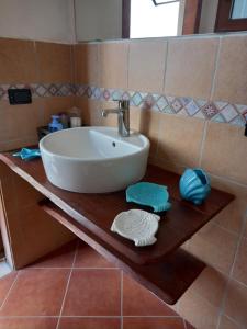 a sink on a wooden counter in a bathroom at Sole e mare in San Felice Circeo