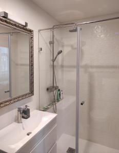 a bathroom with a shower and a sink and a mirror at City Art Inn in Szeged +18 photos