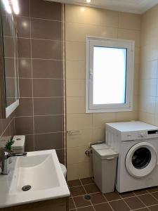 a bathroom with a washing machine and a sink at Rosa’s Apartments in Lefkada Town +16 photos