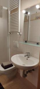 La salle de bains est pourvue d'un lavabo, de toilettes et d'un miroir. dans l'établissement Eden 22, à Camporosso