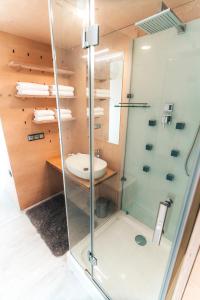 a bathroom with a glass shower and a sink at Farma Ovčí Terasy in Němčičky