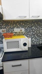 a white microwave on a counter in a kitchen at Providencia alquiler temporario-turístico in Paraná