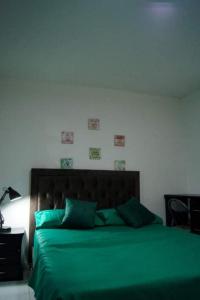 1 dormitorio con cama verde y edredón verde en VITAL- APARTAMENTO Sector san alonso, en Bucaramanga
