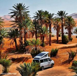 a van parked in a desert with palm trees at Hotel Riad Le Petit Prince in Merzouga
