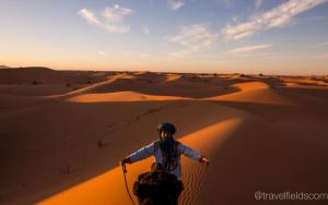 a person riding a camel in the desert at Hotel Riad Le Petit Prince in Merzouga