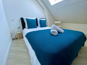 un lit bleu et blanc avec un animal rembourré dans l'établissement Appartement vue sur les étoiles, à Charleville-Mézières