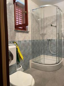 a bathroom with a glass shower with a toilet at Apartments Jovic in Mali Lošinj