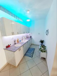 een badkamer met 2 wastafels en een blauw plafond bij Pleasant Cozy Sunny Room with Garden in Jeruzalem