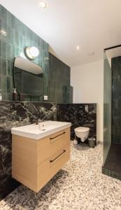 y baño con lavabo, aseo y espejo. en Emeraude, T2 design tout équipé Châteaucreux-Gare, en Saint-Étienne