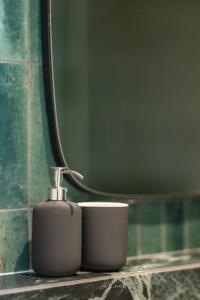 lavabo con dispensador de jabón y espejo en Emeraude, T2 design tout équipé Châteaucreux-Gare, en Saint-Étienne