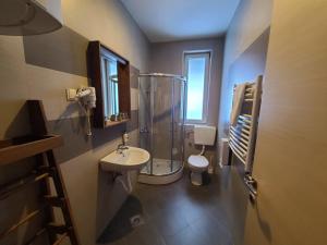 une salle de bains avec douche, toilettes et lavabo dans l'établissement Bela Brada - Brzeće, Kopaonik, à Brzeće
