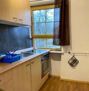 cocina con fregadero y ventana en Neubauernhof en Schwarzenbruck