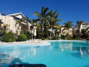 a large swimming pool with palm trees and houses at Villa Dreamteam in Flic-en-Flac