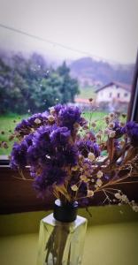 un jarrón lleno de flores púrpuras sentado en una mesa en Casa Rural Asitxo, en Bermeo