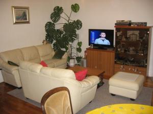 a living room with a white couch and a tv at Apartment Kalvarija in Novi Vinodolski