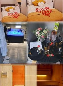 2 fotos de un dormitorio con cama y mesa en APARTMENT WITH PRIVATE HOT TUB, SAUNA, ICE BATH, GYM, en Rainham