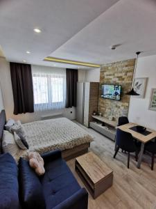 sypialnia z łóżkiem i niebieską kanapą w obiekcie Studio Šilja S45 Milmari w mieście Kopaonik
