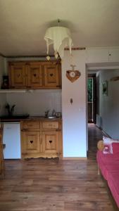 cocina con armarios de madera y sofá rosa en APPARTEMENT PRAZ VILLAGE en Praz-sur-Arly