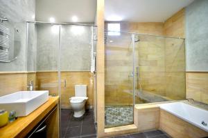 uma casa de banho com um chuveiro, um lavatório e um WC. em Classic and Luxury- 2Bd 2Bth- Sierpes em Sevilha