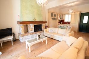 コルフ・タウンにあるThe Red Bougainvillea Apartmentsのソファと暖炉のあるリビングルーム