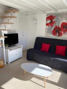 een woonkamer met een zwarte bank en rode kussens bij appartement superbe Vue Mer,piscine,parking privee, in La Croix-Valmer